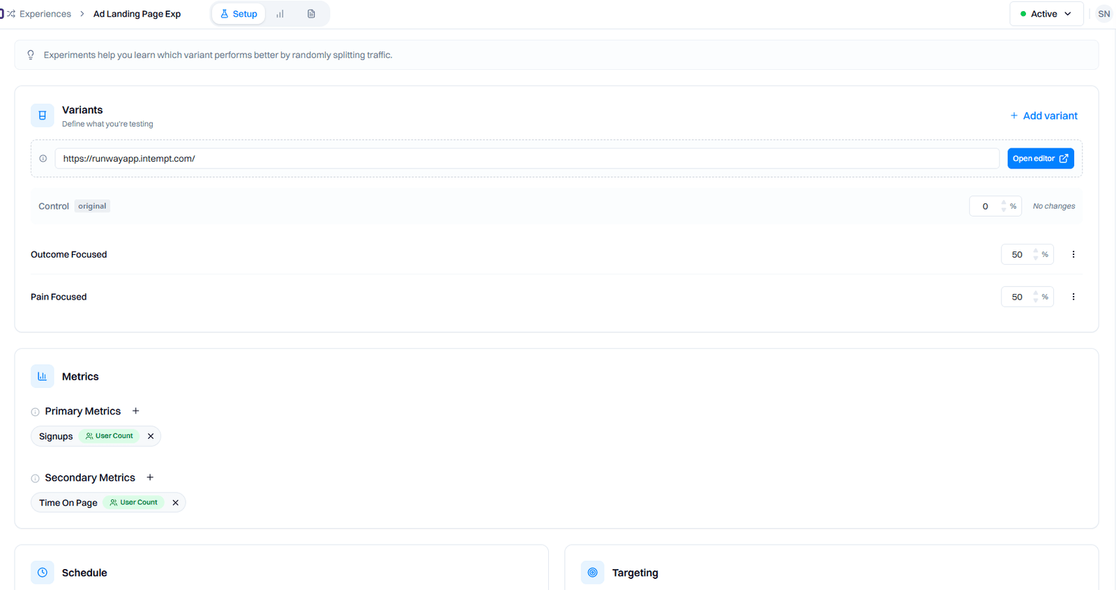 Intempt Experiments interface for A/B testing and optimization